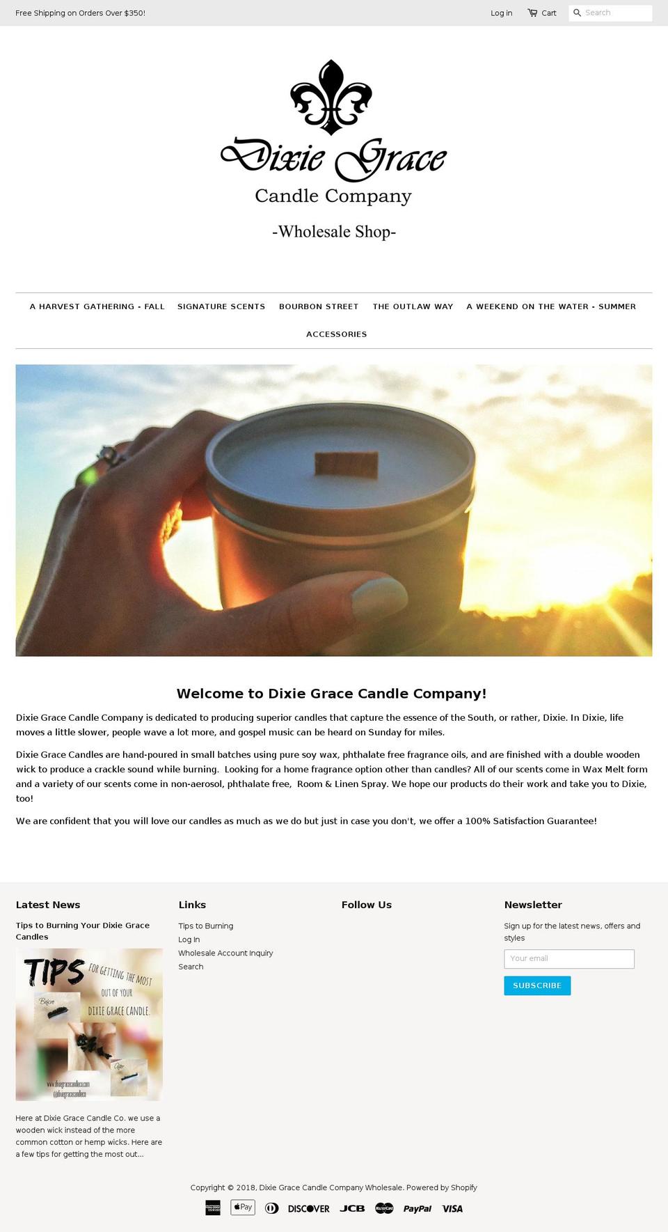 dixiegracecandlecowholesale.com — Shopify storefront screenshot