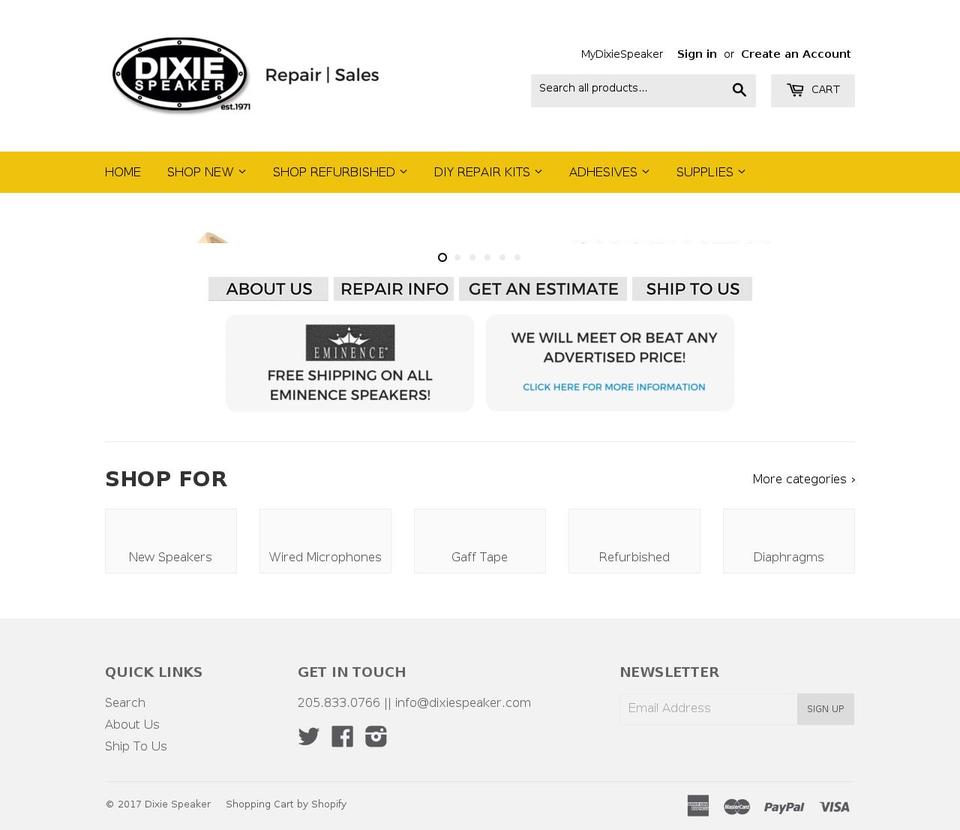 dixiespeakerrepair.com shopify website screenshot