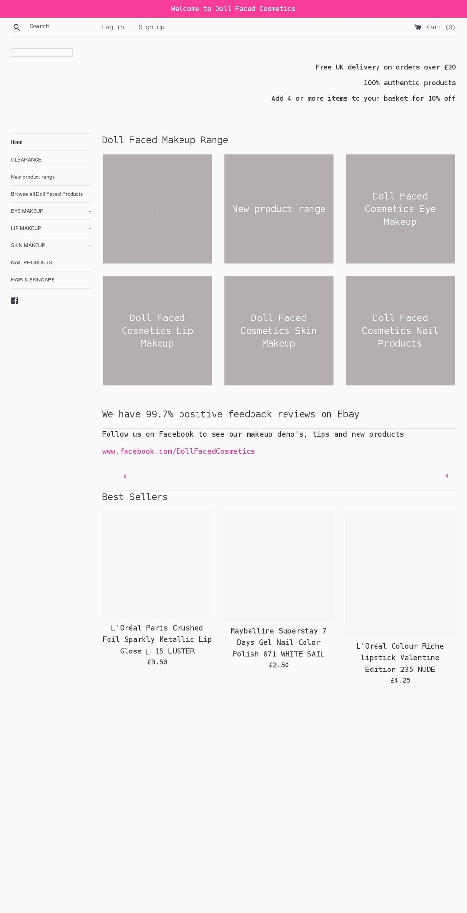 dollfacedcosmetics.co.uk shopify website screenshot