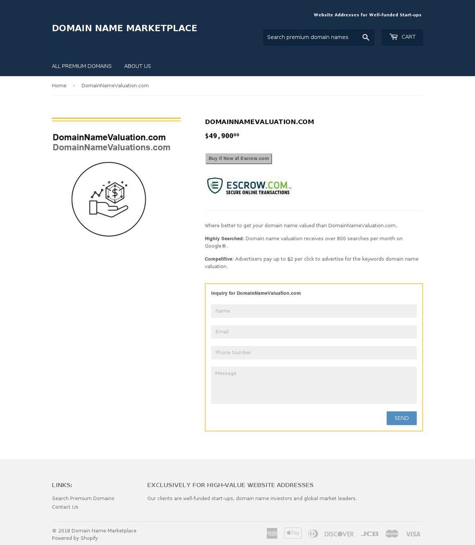 domainnamevaluation.com shopify website screenshot