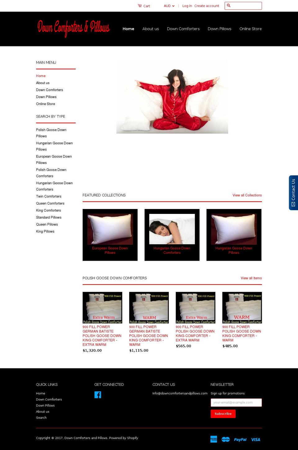 downcomfortersandpillows.com shopify website screenshot