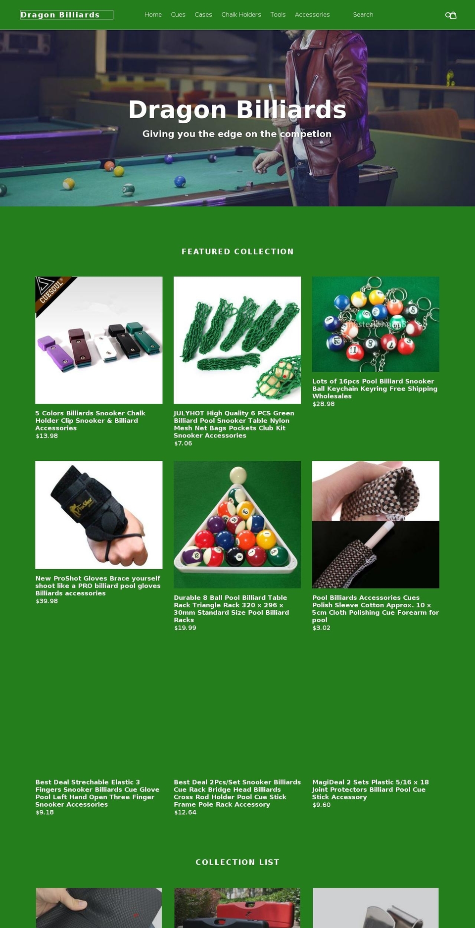 dragonbilliards.com — Shopify storefront screenshot
