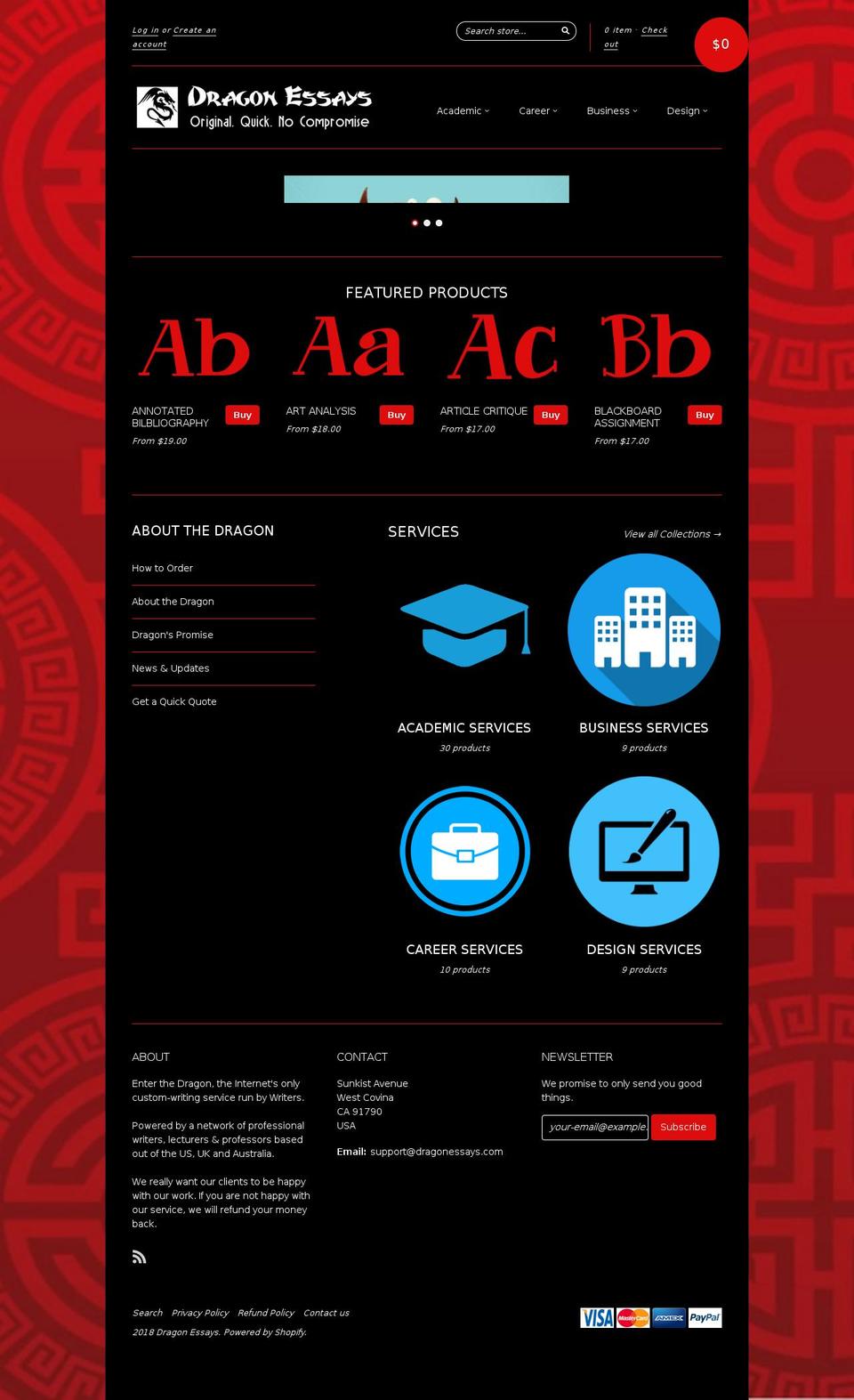 dragonessays.com shopify website screenshot