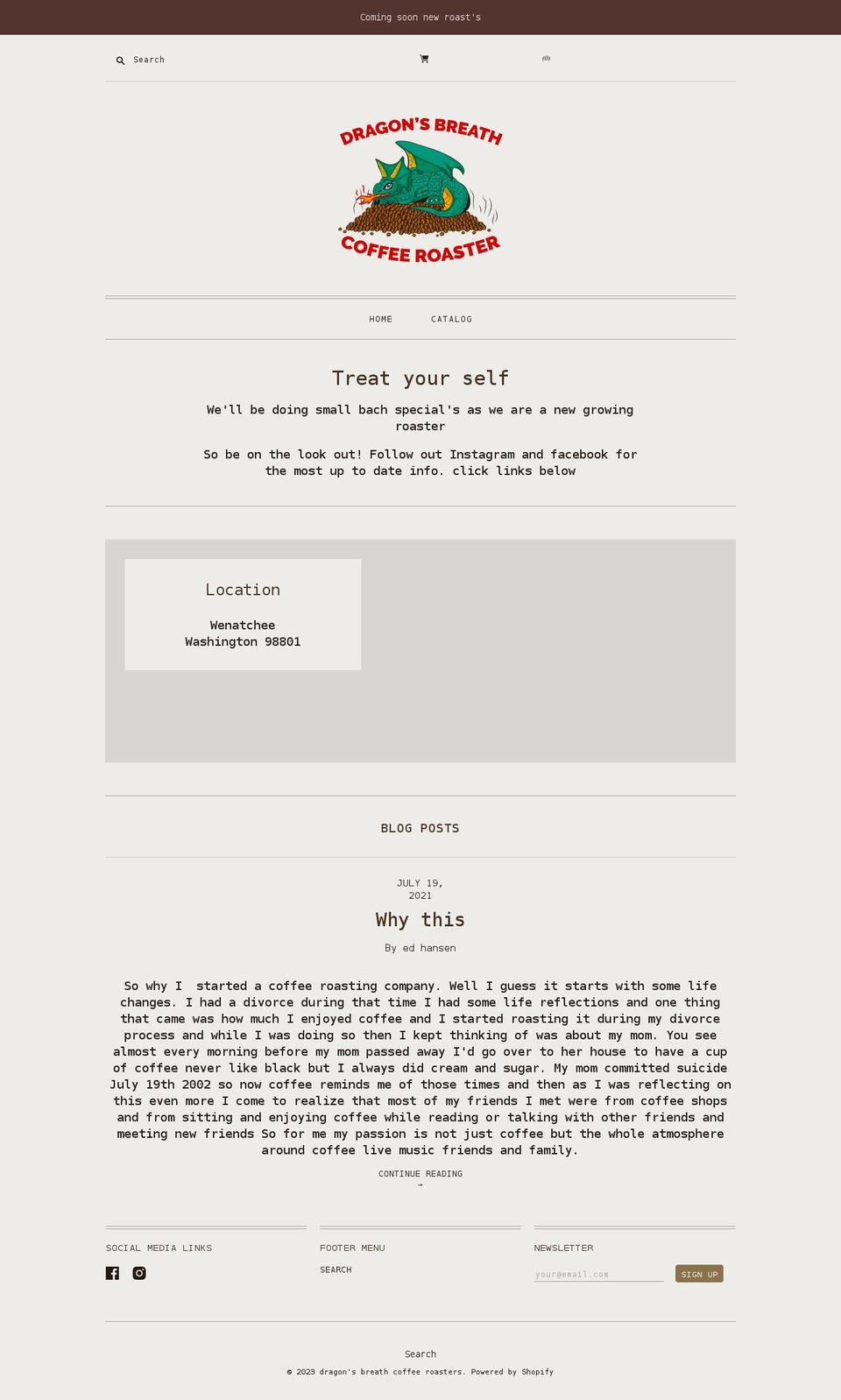 dragonsbreathcoffeeroaster.com shopify website screenshot