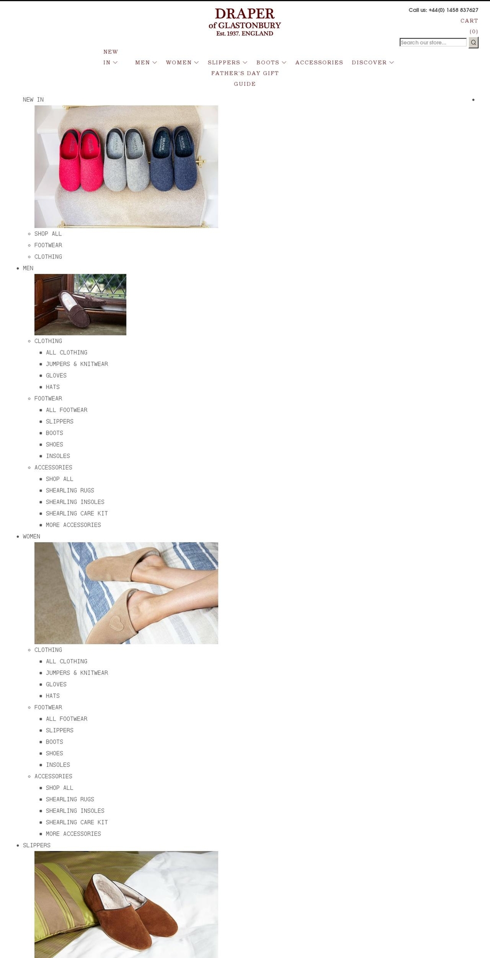 drapershearlingslippers.com shopify website screenshot