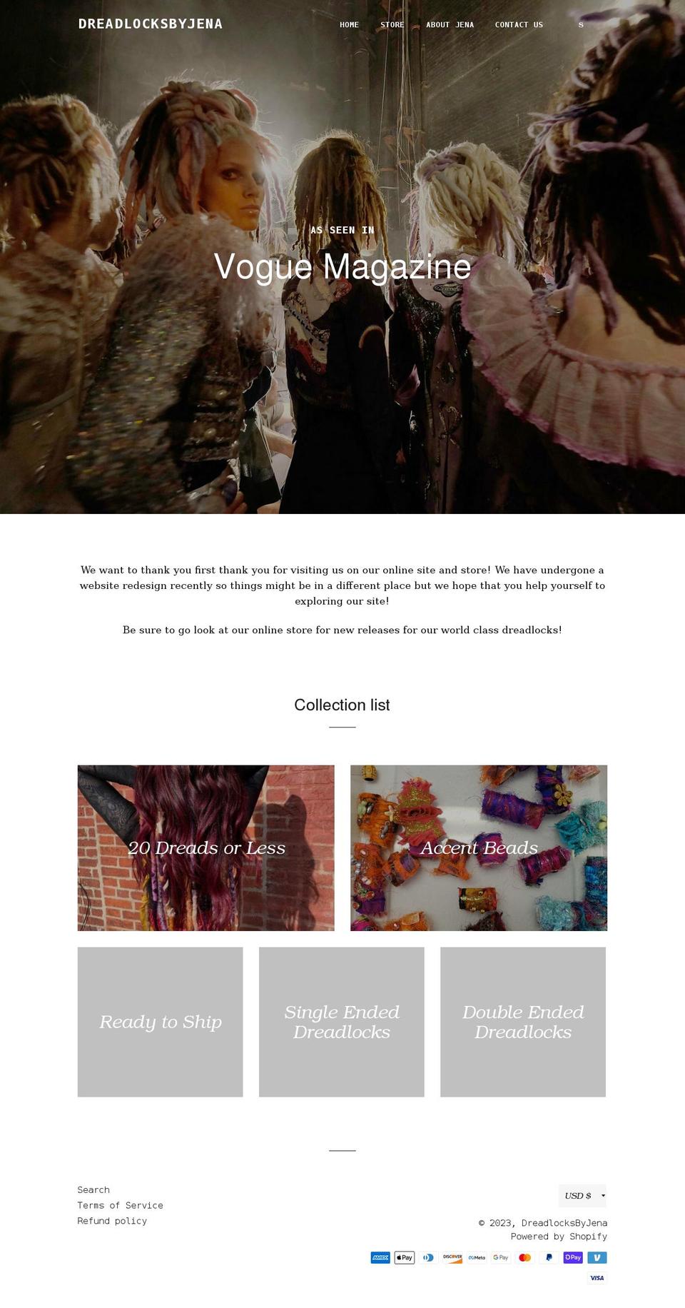 dreadlocksbyjena.com shopify website screenshot