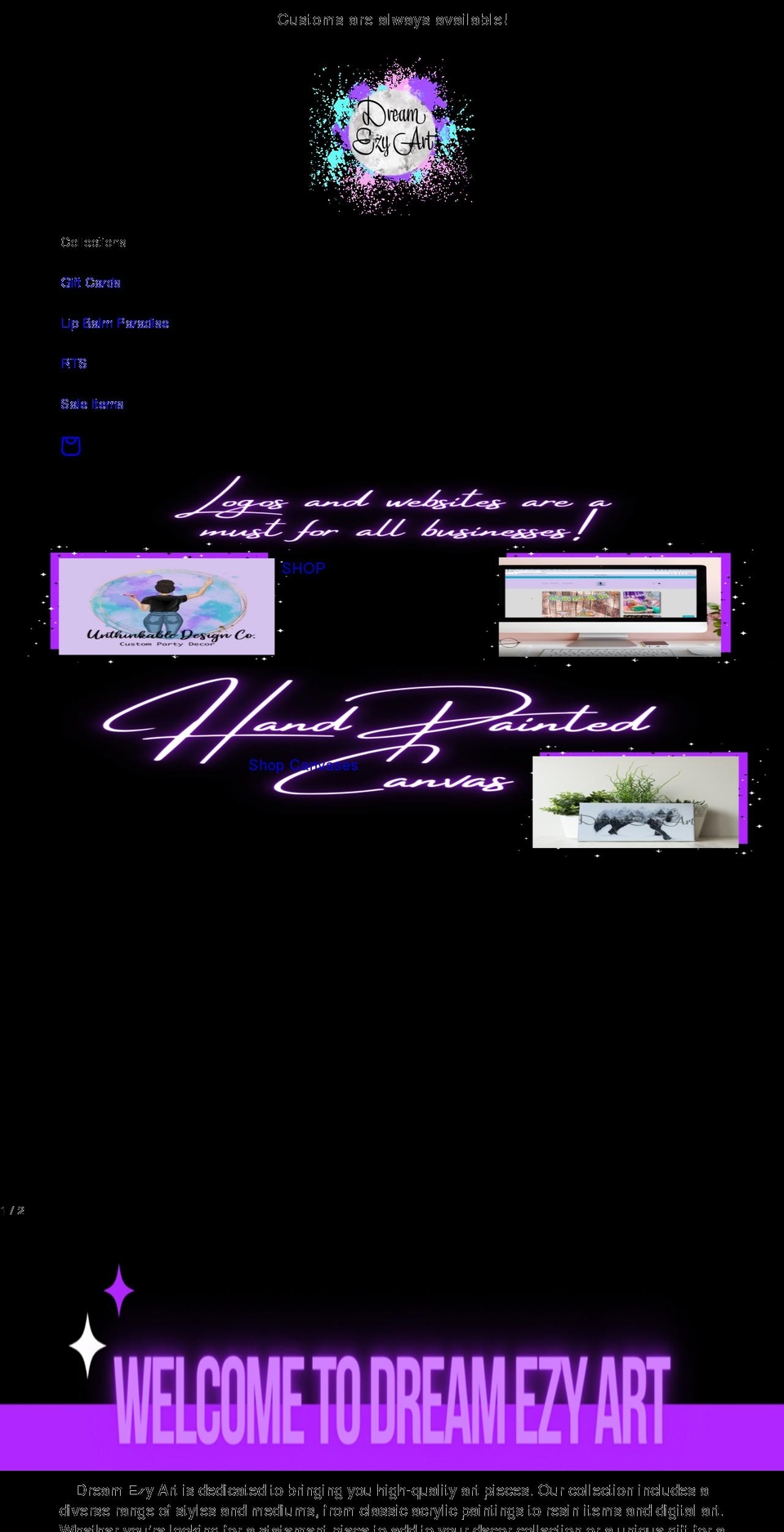 dreamezyart.com shopify website screenshot