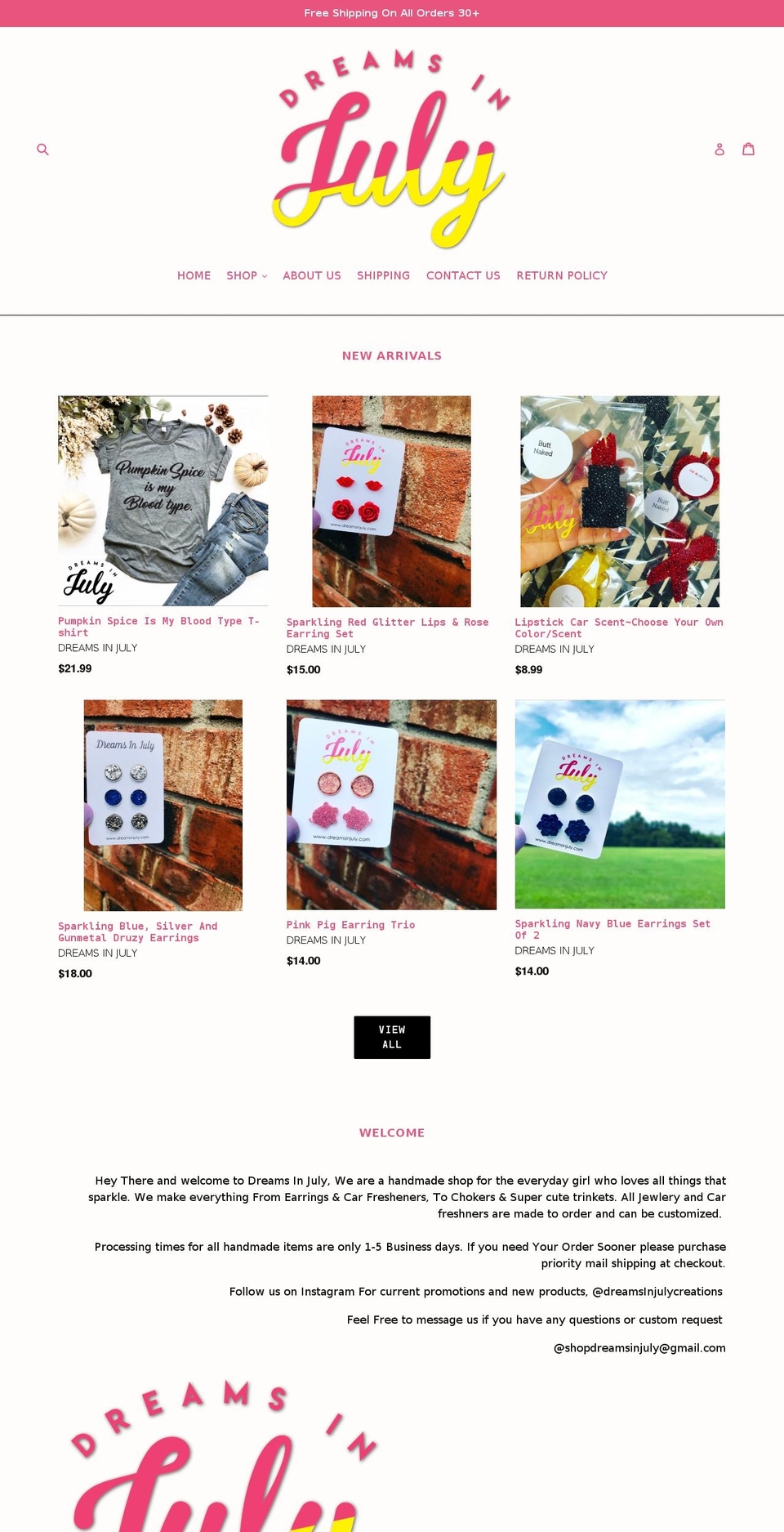dreamsinjuly.com — Shopify storefront screenshot