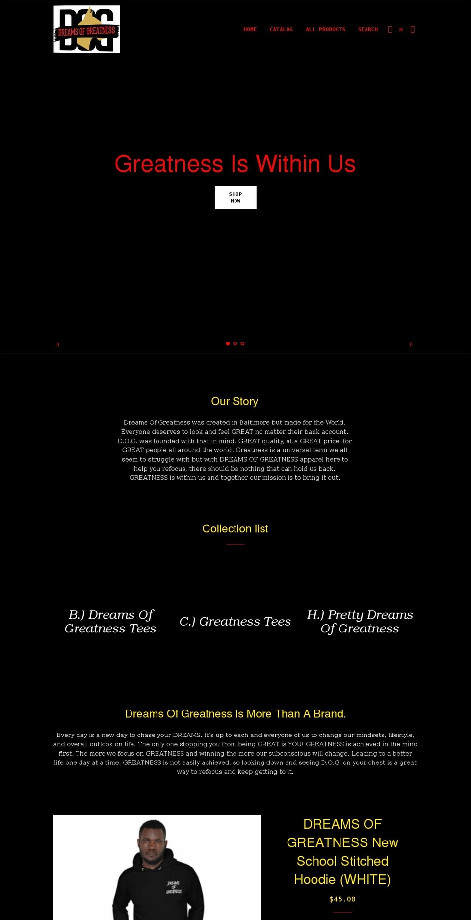 dreamsofgreatness.com shopify website screenshot