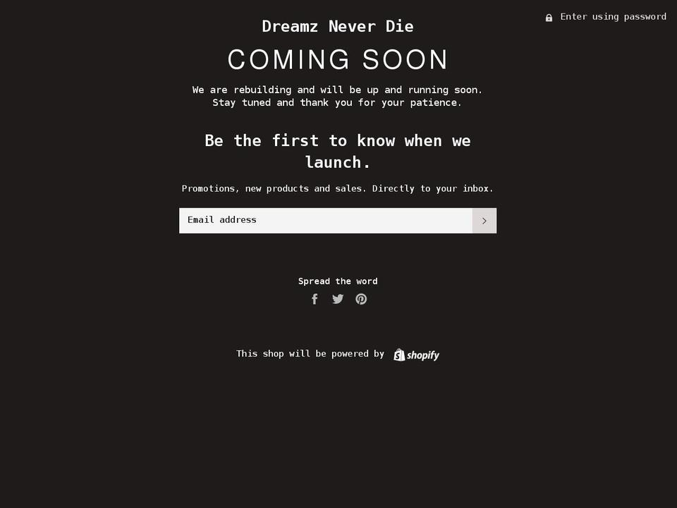 dreamzneverdieapparel.com shopify website screenshot