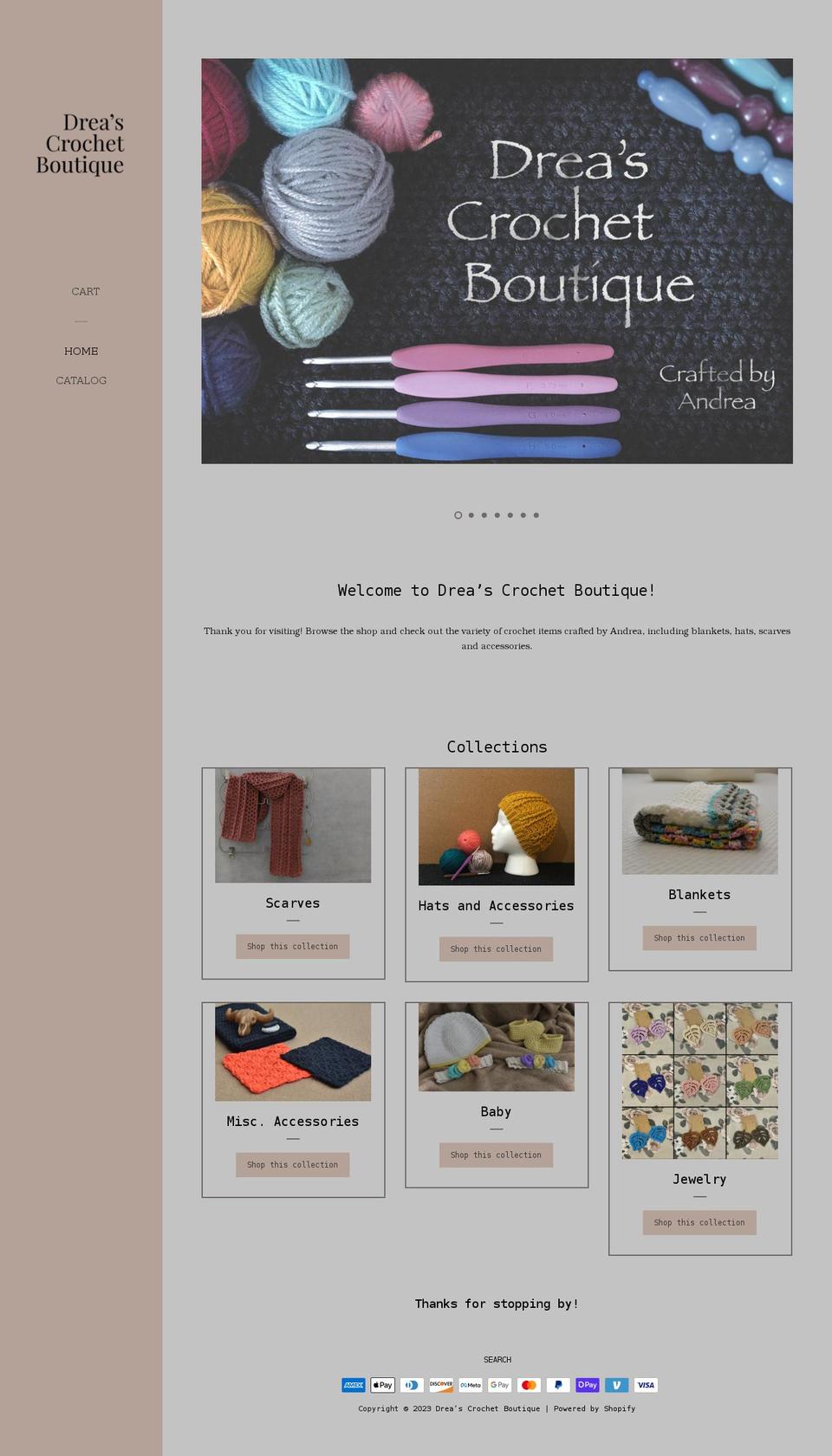 dreascrochetboutique.com shopify website screenshot