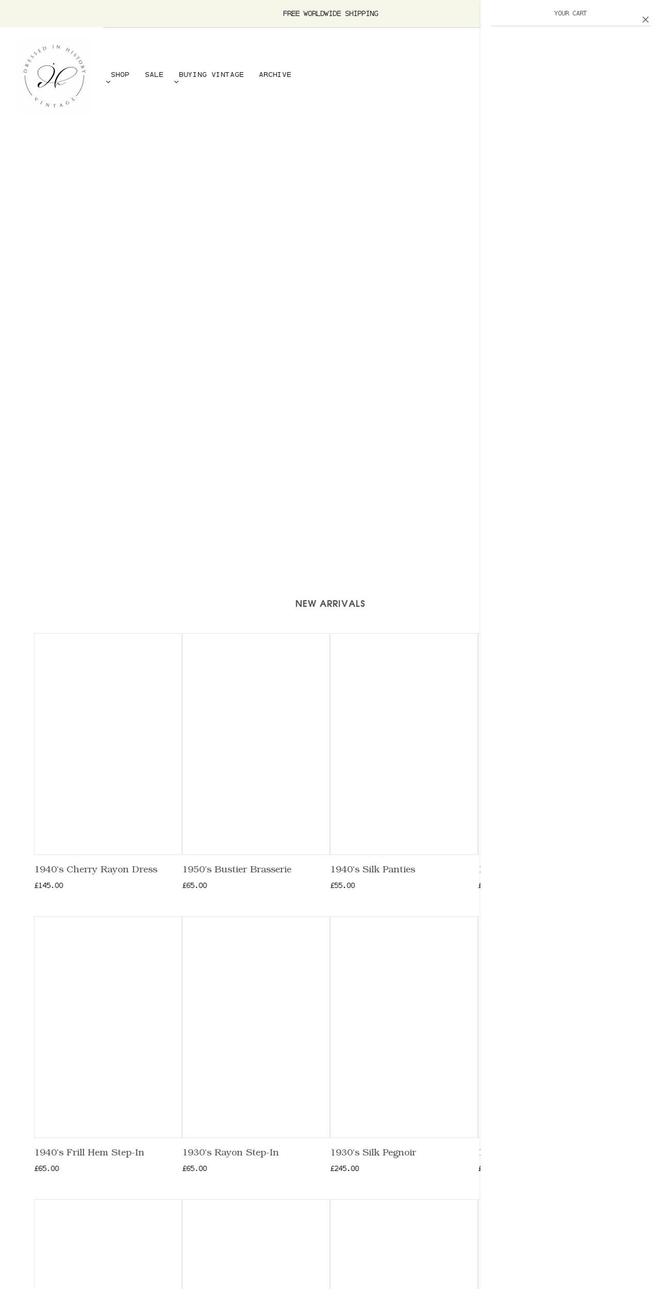 dressedinhistory.com shopify website screenshot