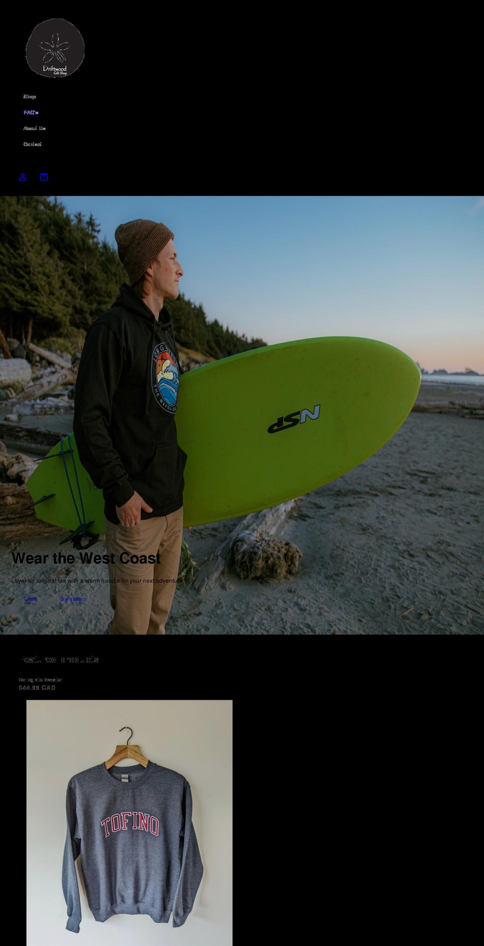 driftwoodgiftstofino.com shopify website screenshot
