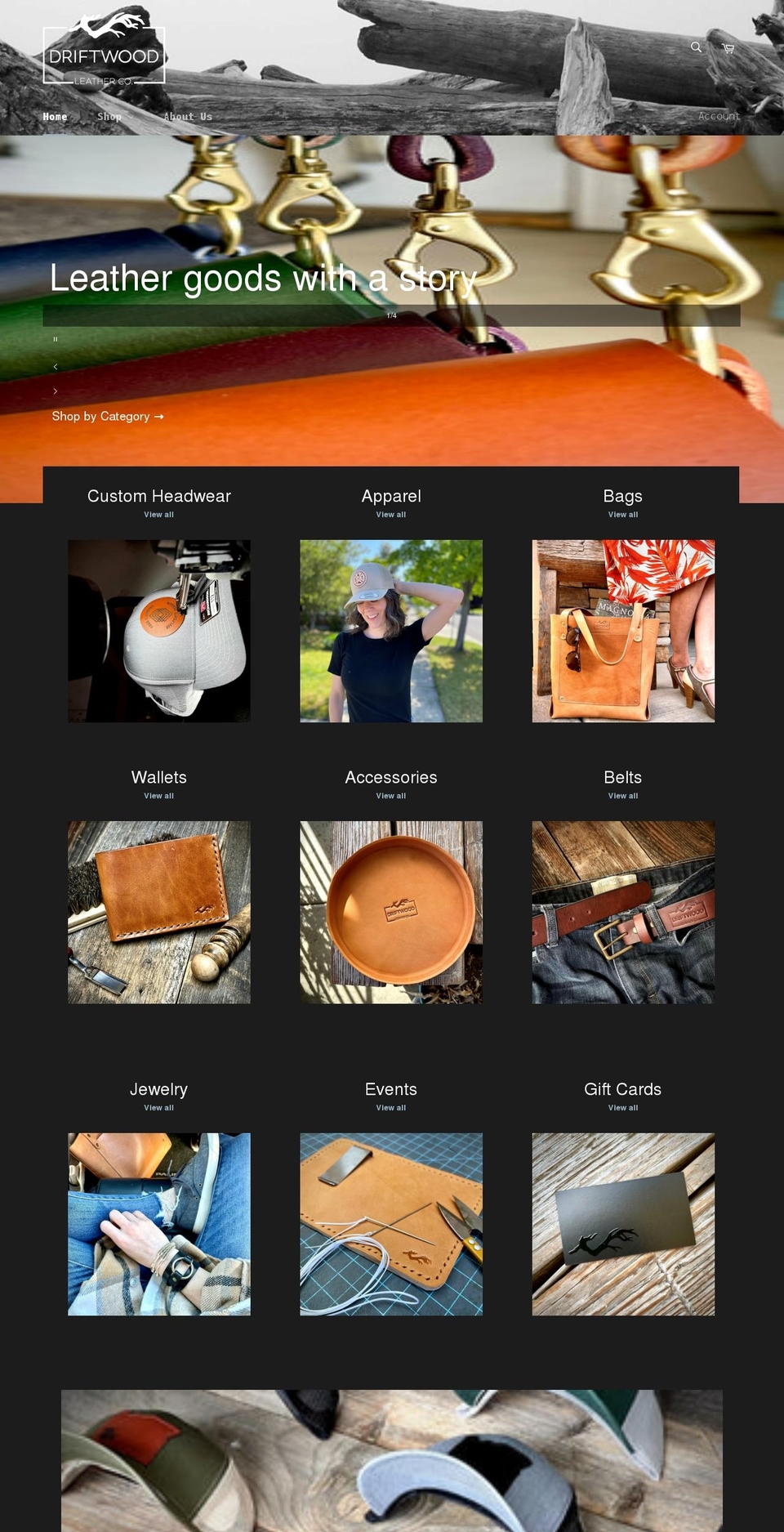driftwoodleatherco.com shopify website screenshot