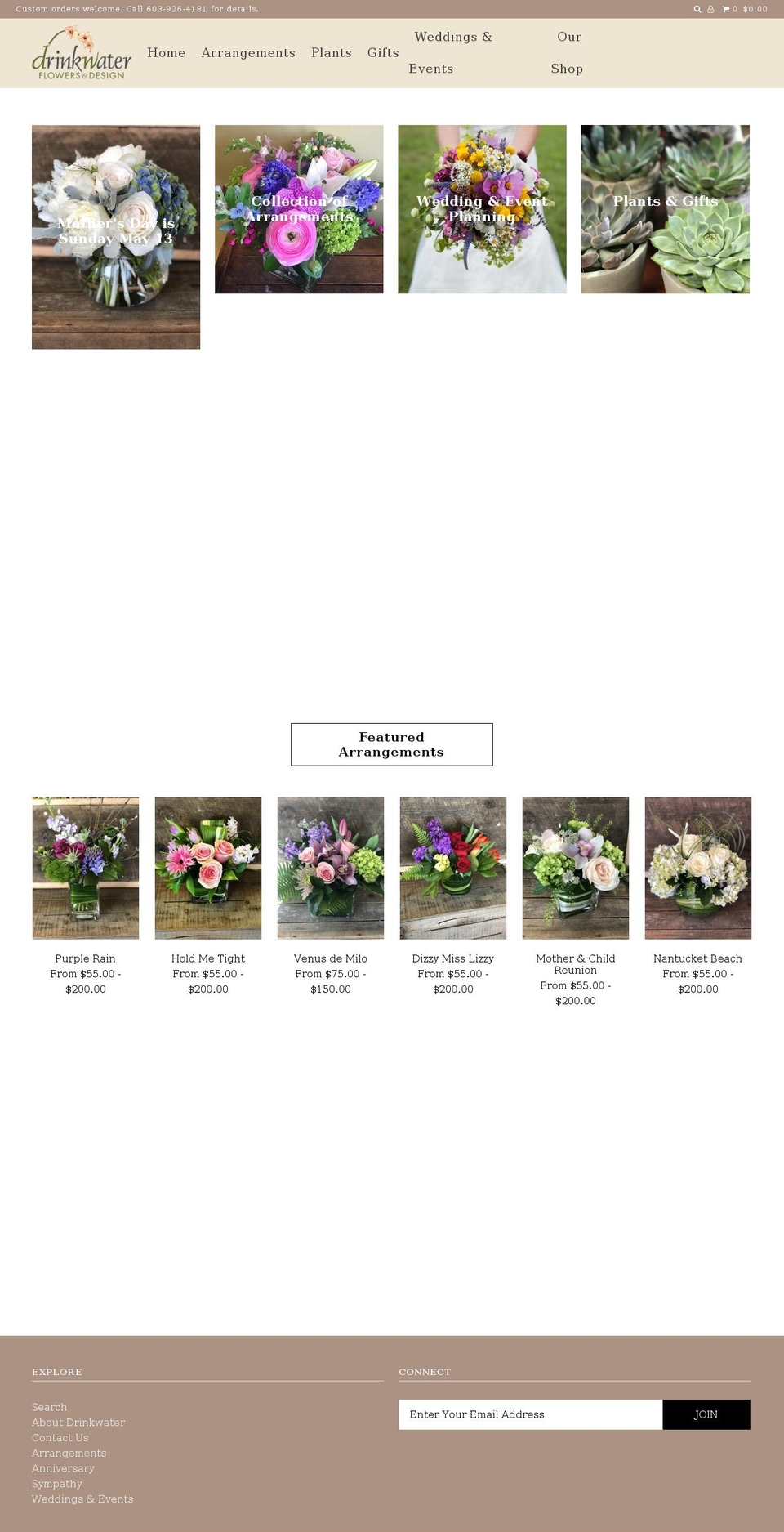 drinkwaterflowers.com shopify website screenshot