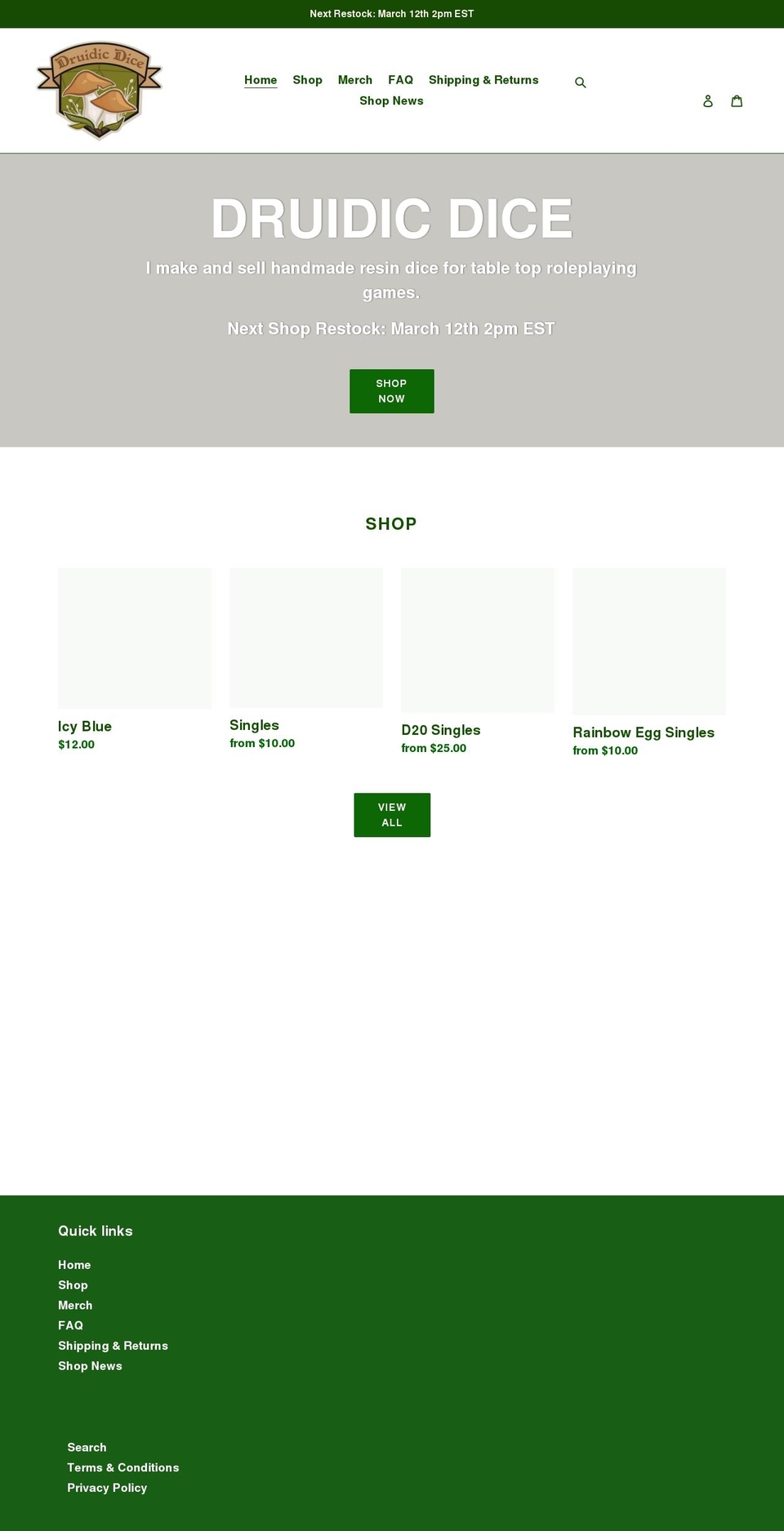 druidicdiceshop.com shopify website screenshot