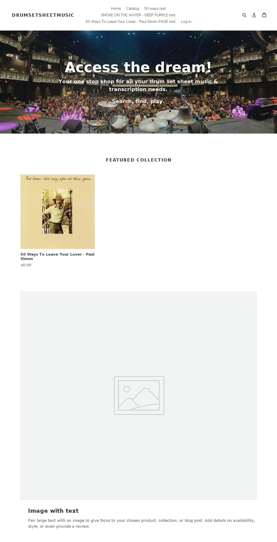 drumsetsheetmusic.com shopify website screenshot