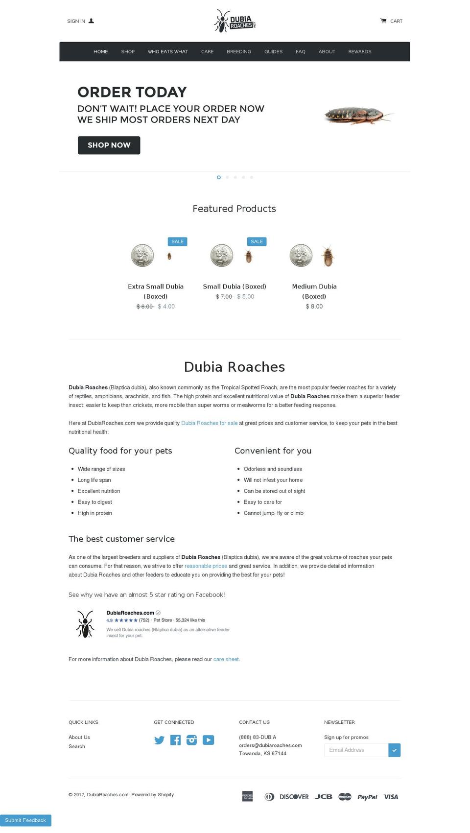 dubiaroaches.com shopify website screenshot