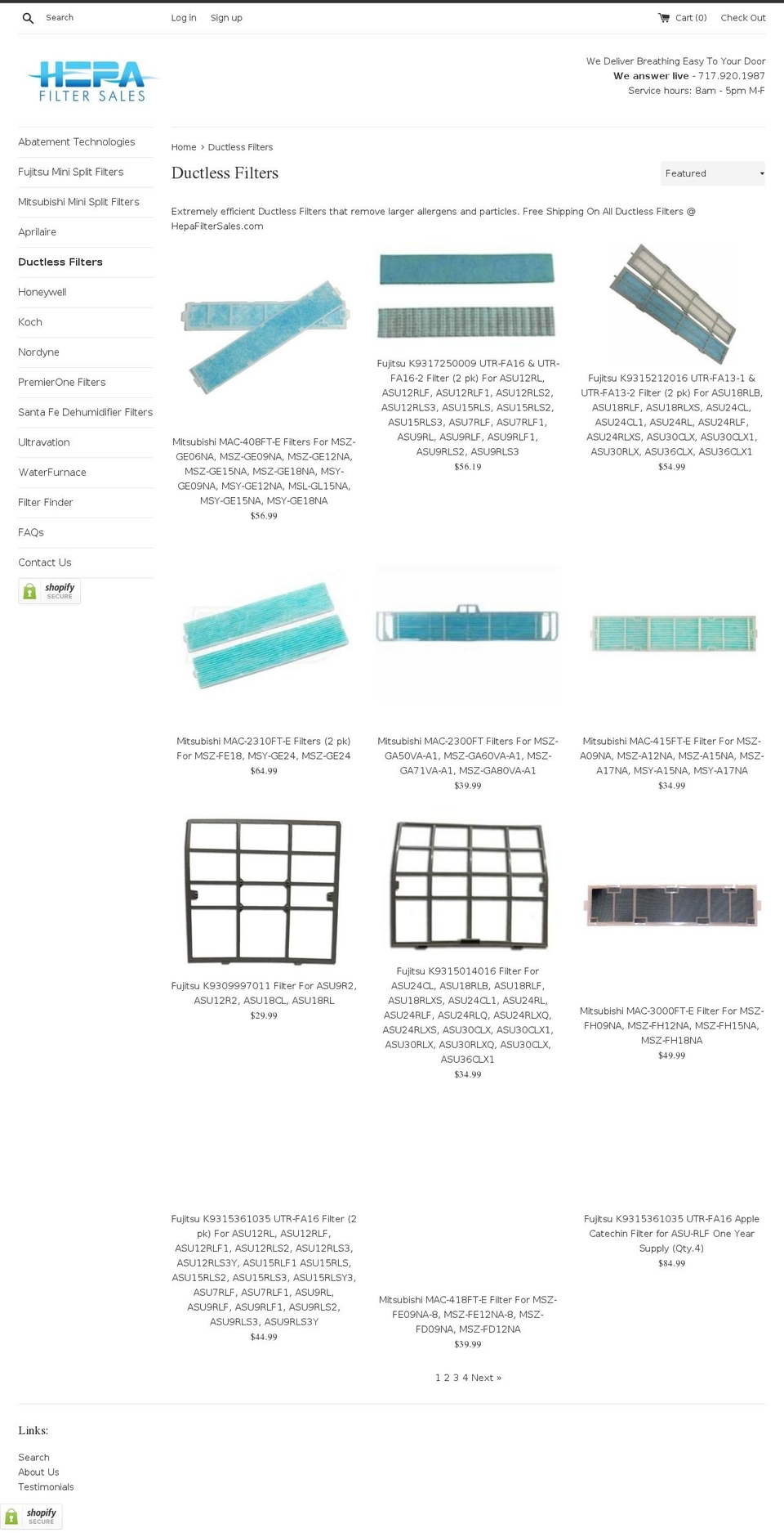 ductlessfilters.com — Shopify storefront screenshot
