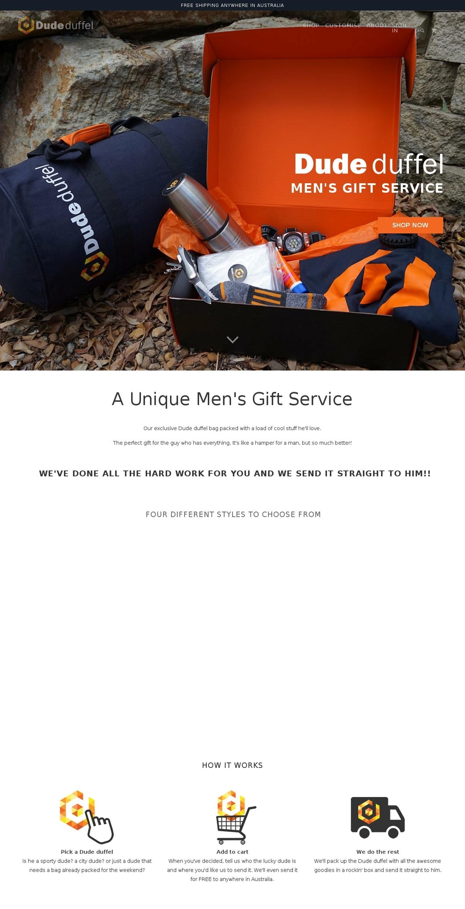 dudeduffel.com.au shopify website screenshot
