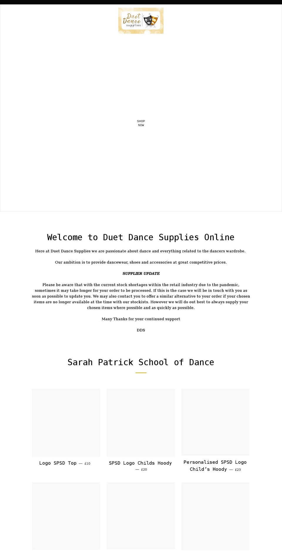 duetdancesupplies.co.uk shopify website screenshot