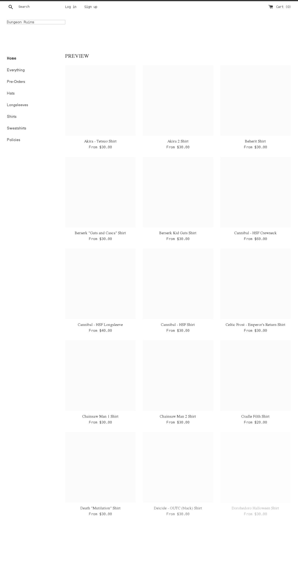 dungeonruins.com shopify website screenshot
