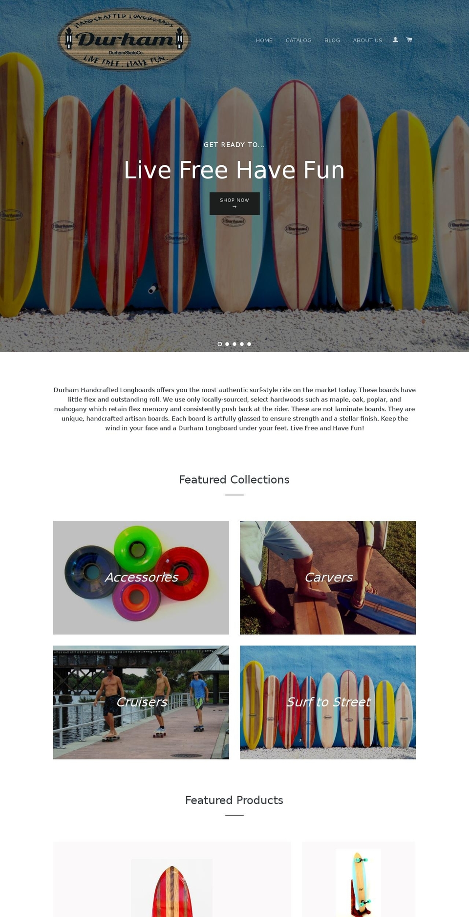 durhamlongboards.com shopify website screenshot