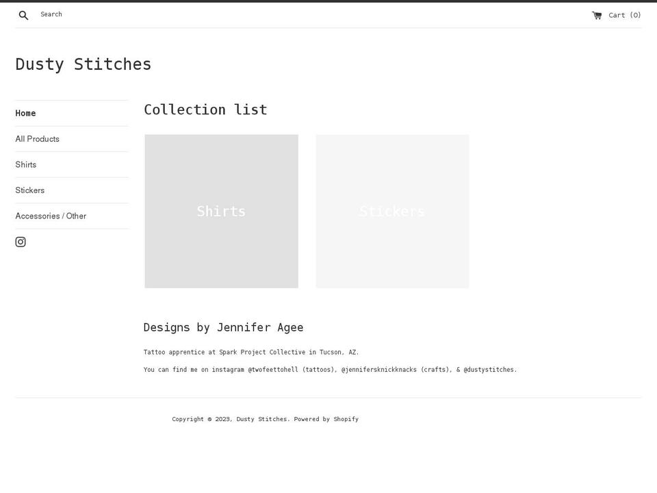 dustystitches.com shopify website screenshot