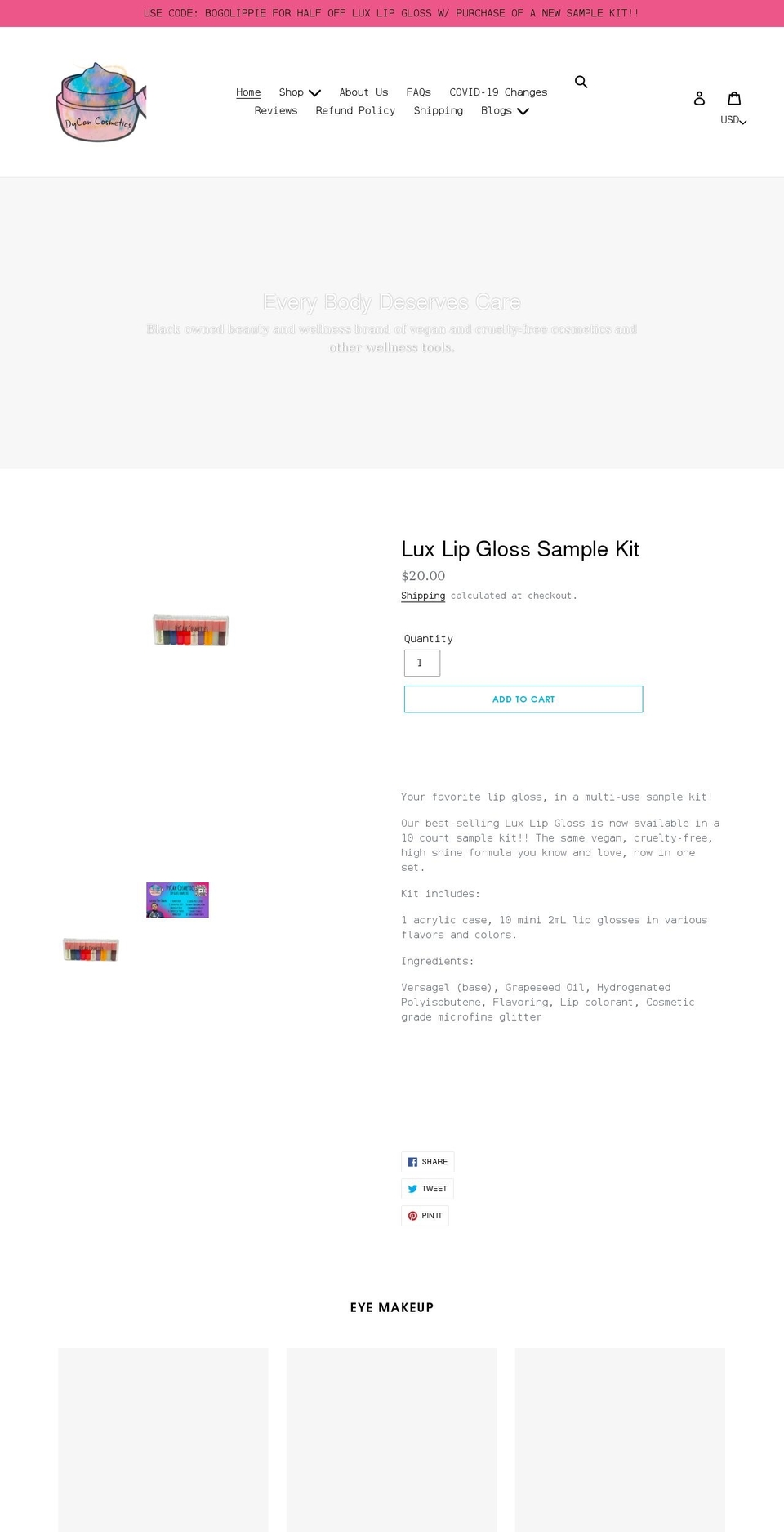 dycancosmetics.com shopify website screenshot