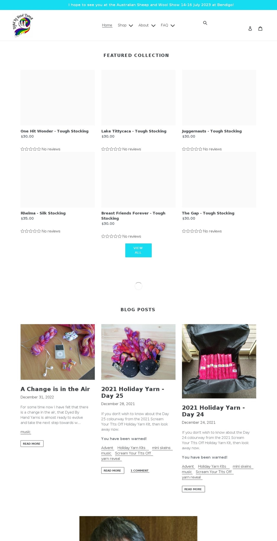 dyedbyhandyarns.com shopify website screenshot