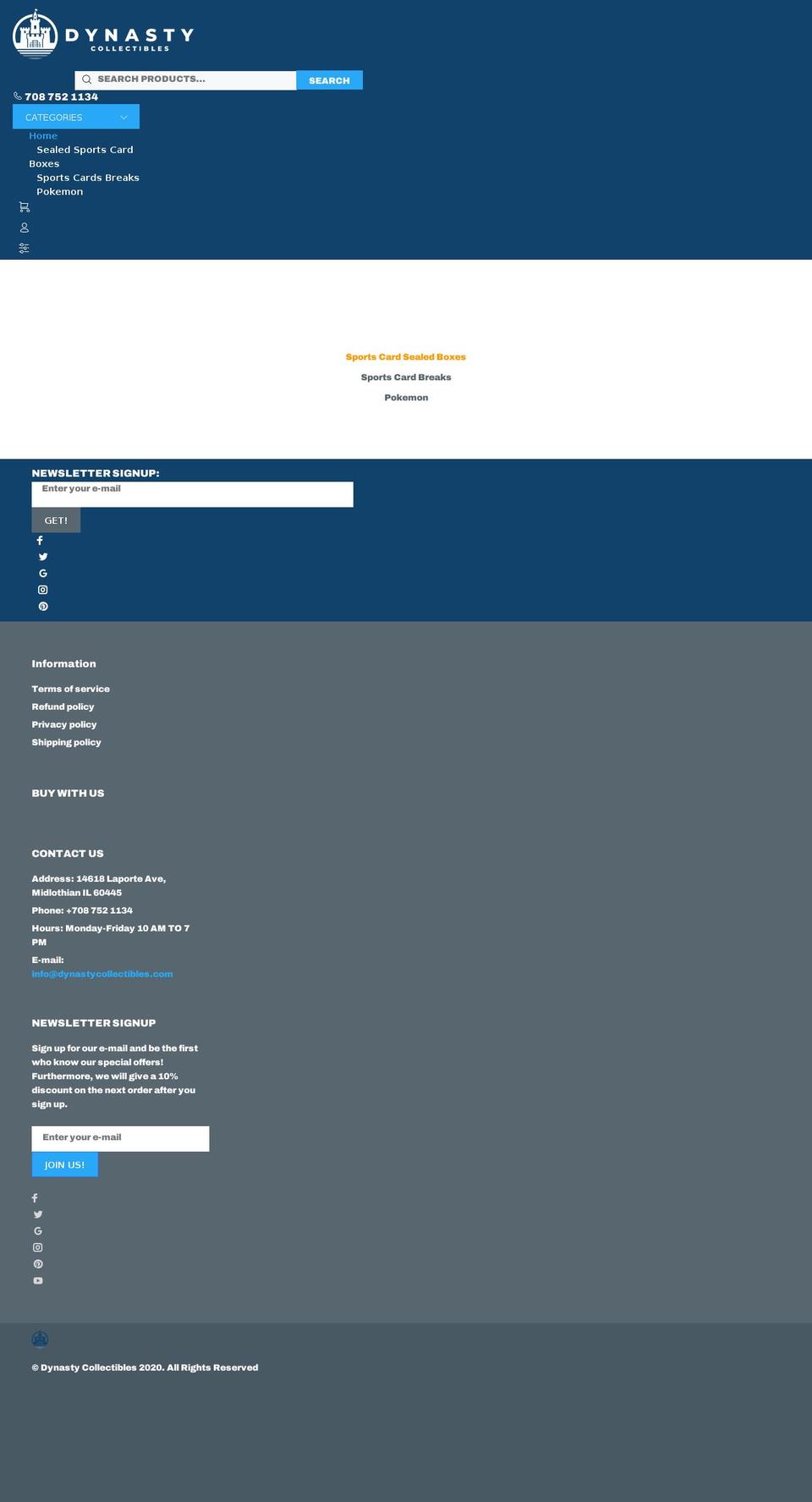 dynastycollectibles.com shopify website screenshot