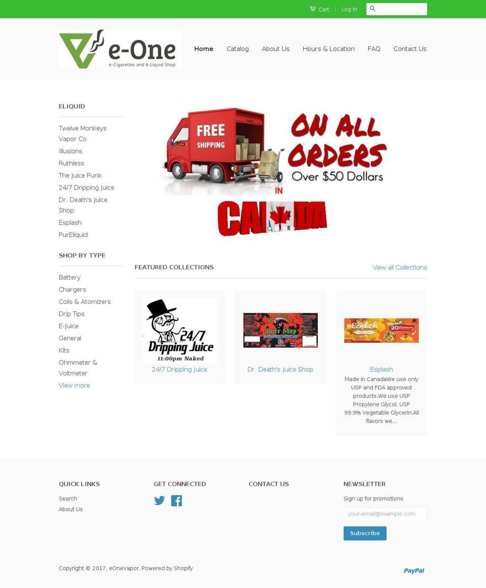 e-onevapor.com shopify website screenshot