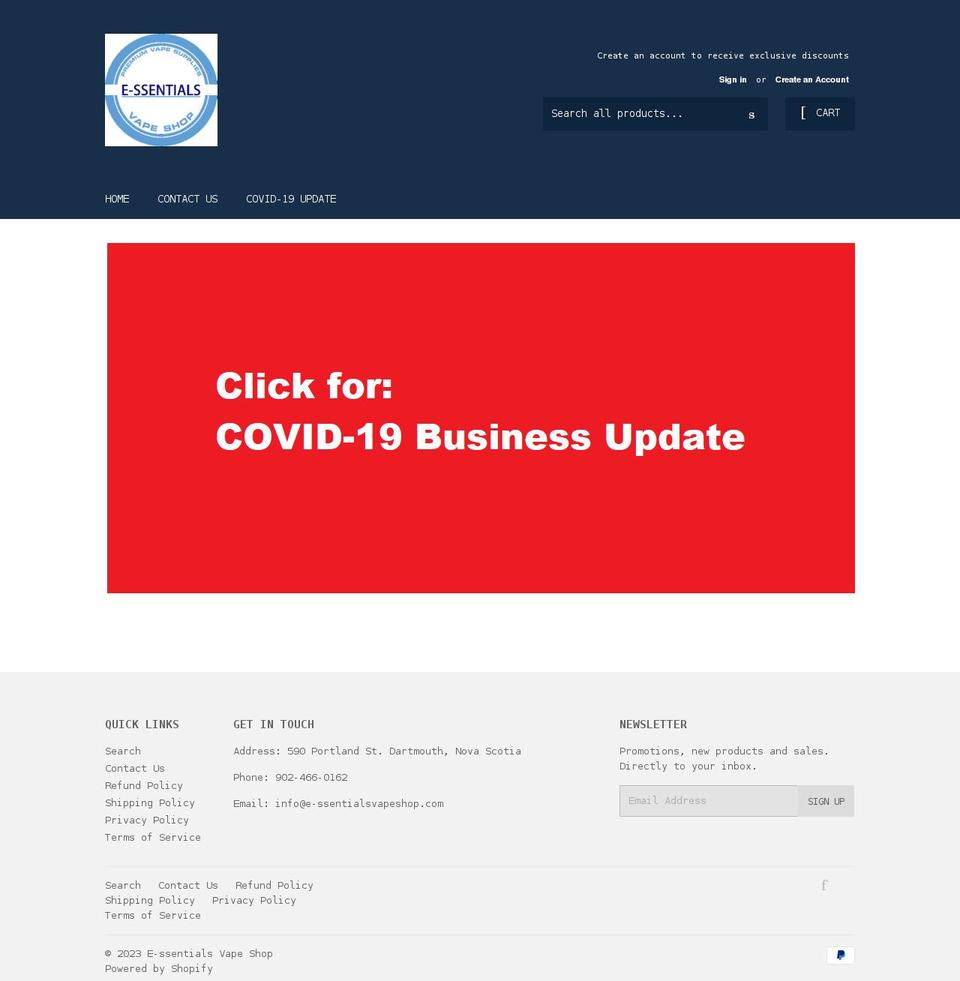 e-ssentialsvapeshop.com — Shopify storefront screenshot