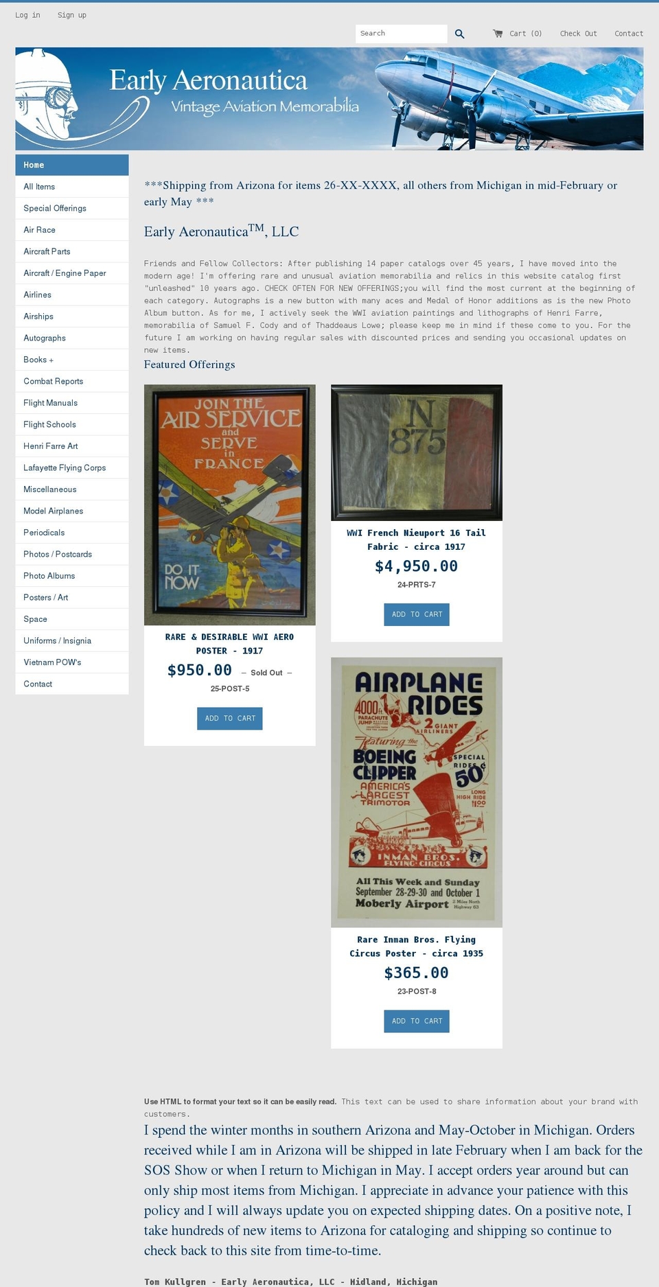 earlyaeronautica.com shopify website screenshot