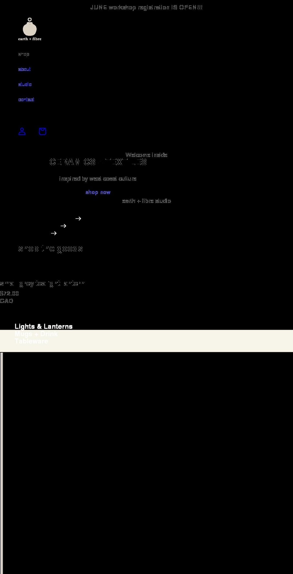 earthandfibrestudio.com shopify website screenshot