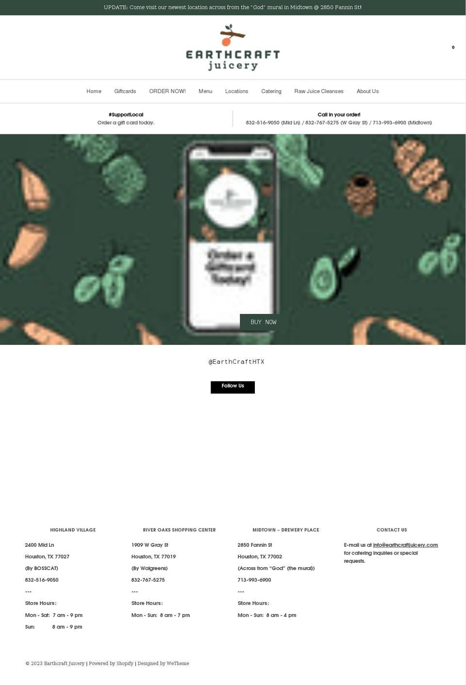 earthcraftjuicery.com shopify website screenshot