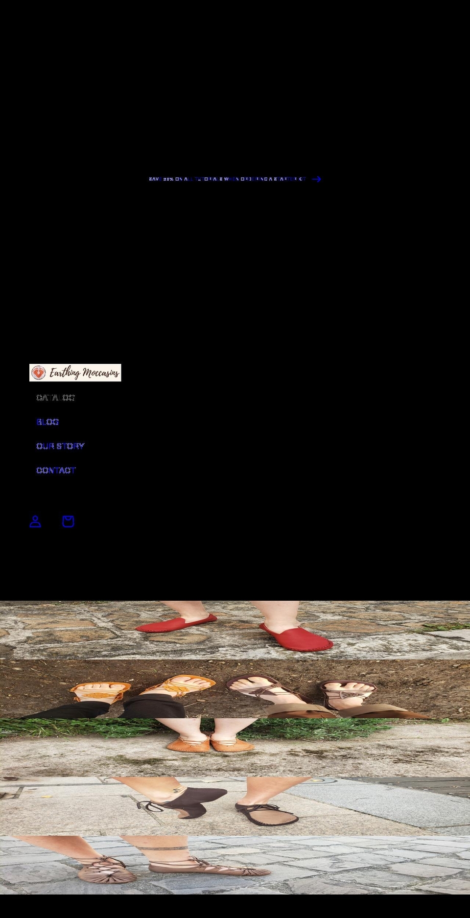 earthingmoccasins.com shopify website screenshot