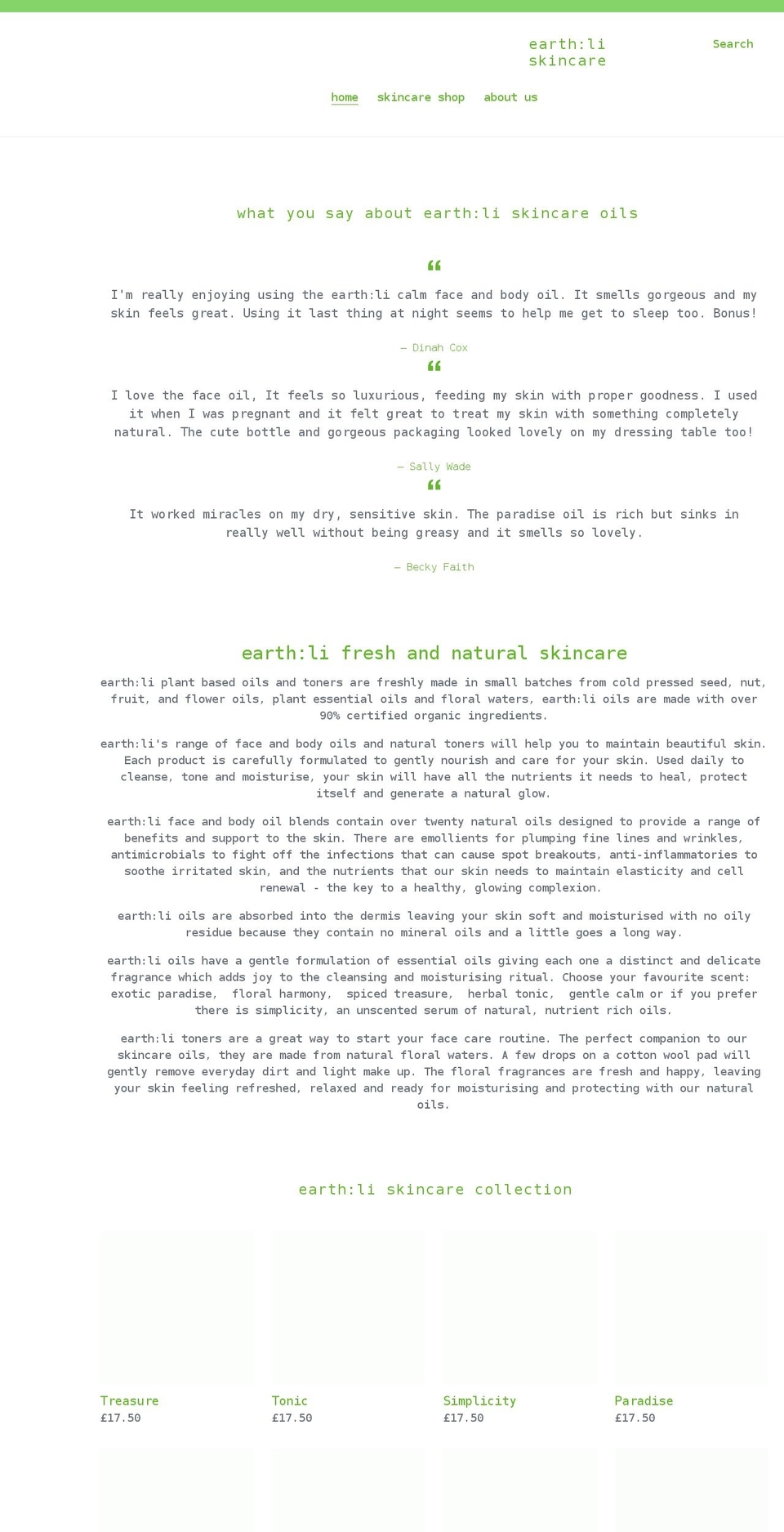 earthli-skincare.org shopify website screenshot