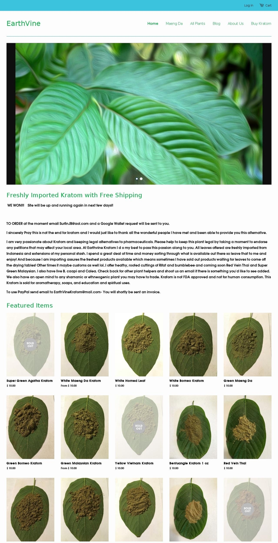 earthvinekratom.com shopify website screenshot