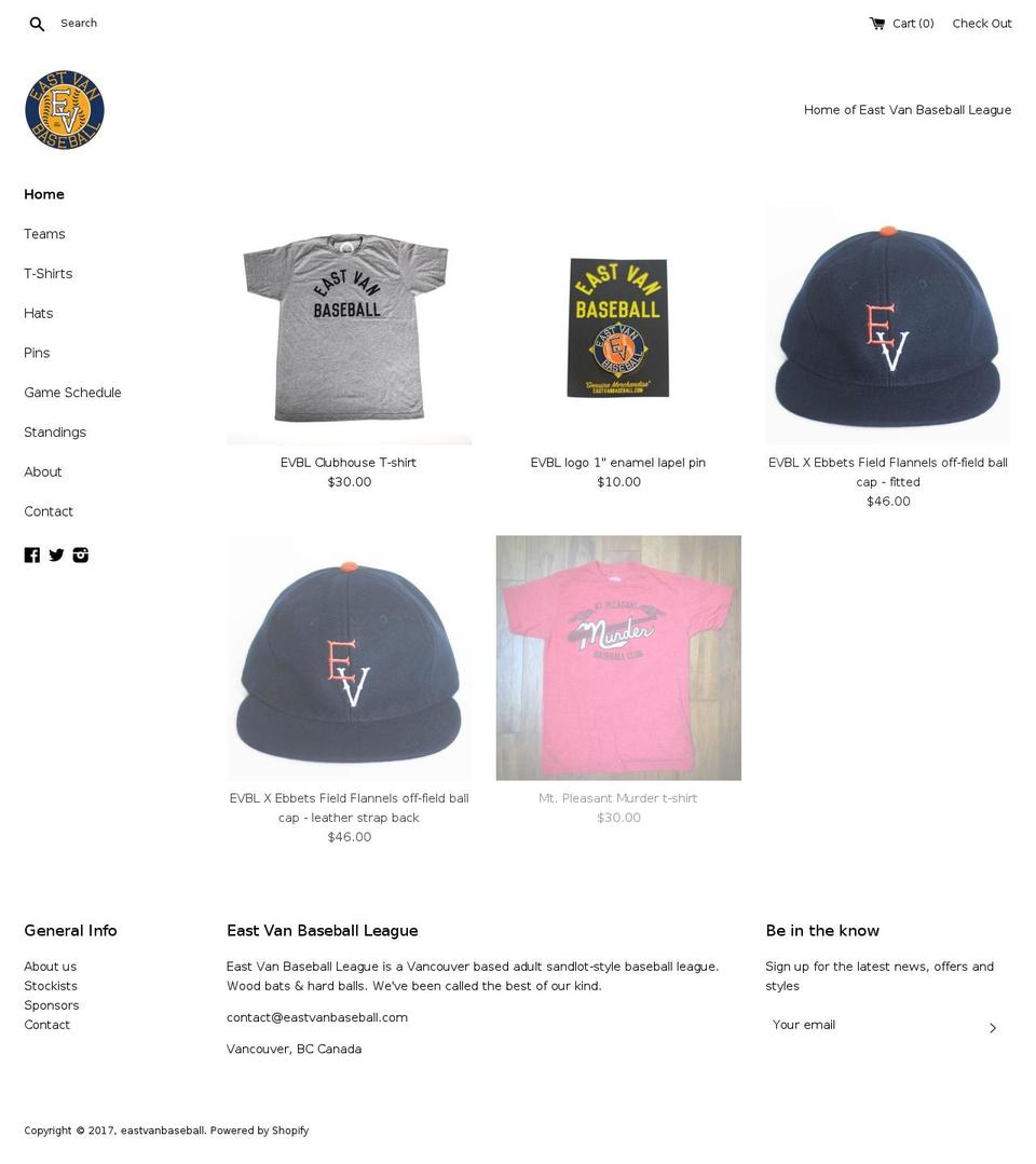 eastvanbaseball.com shopify website screenshot