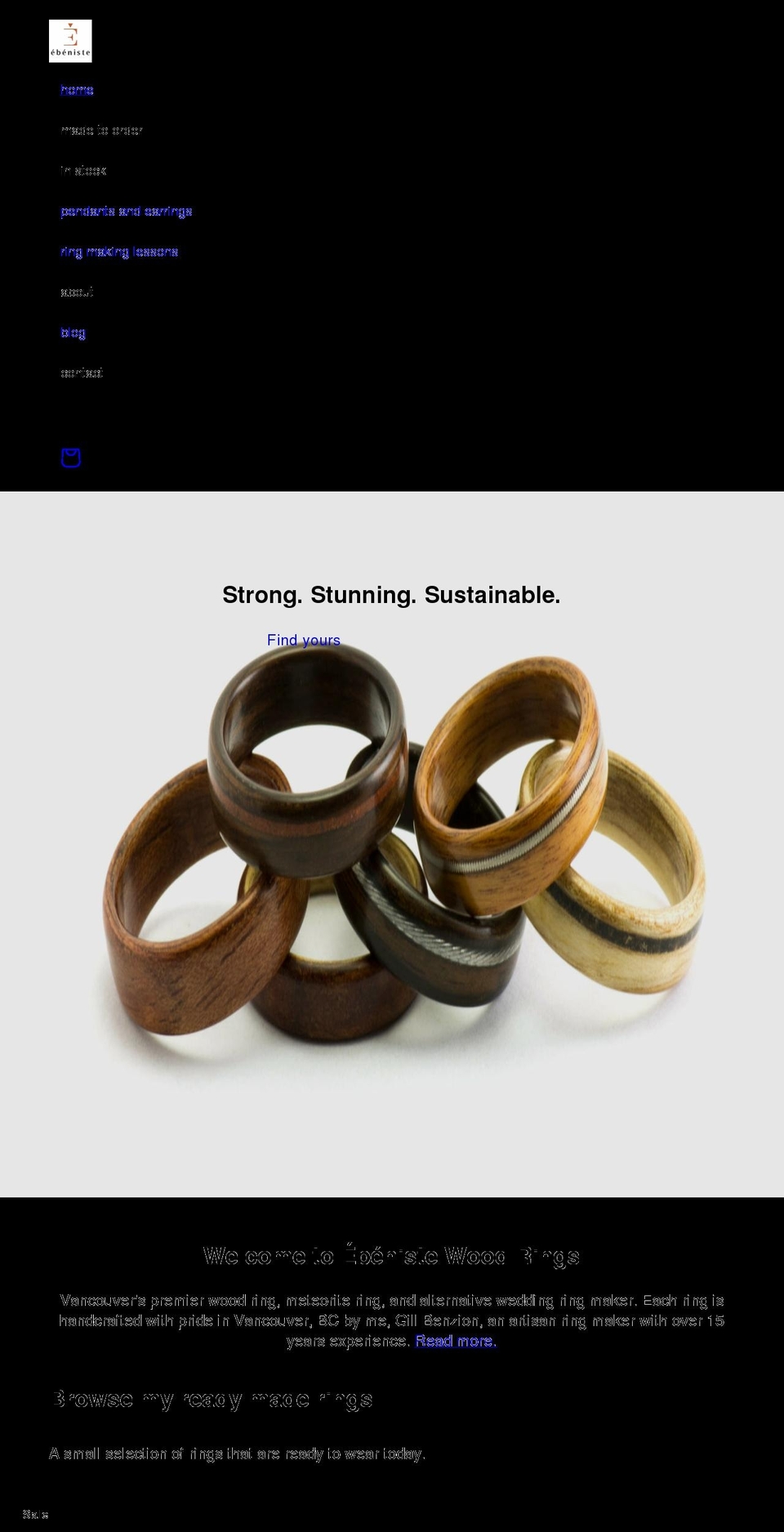 ebenistewoodrings.com shopify website screenshot