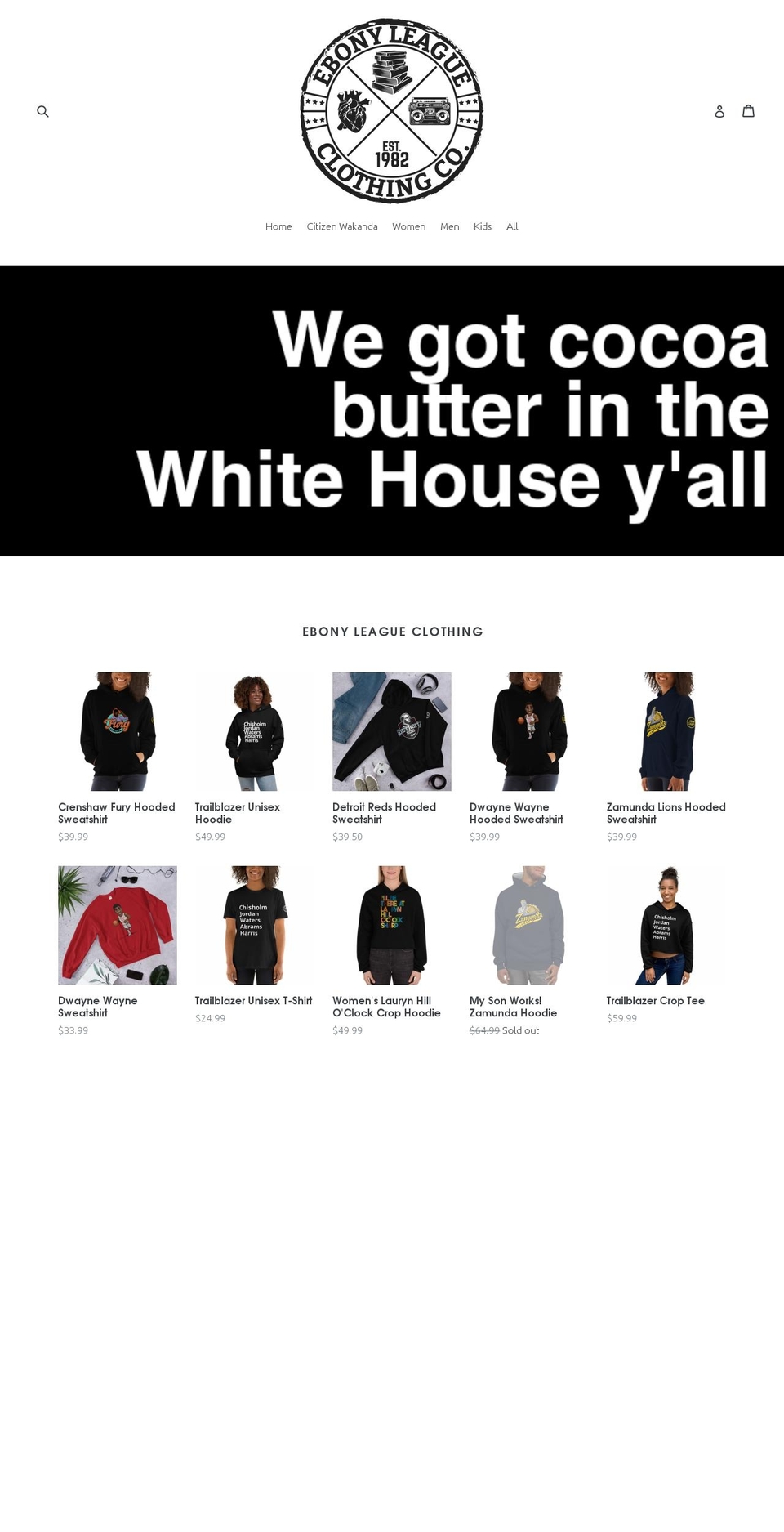 ebonyleagueclothing.com shopify website screenshot