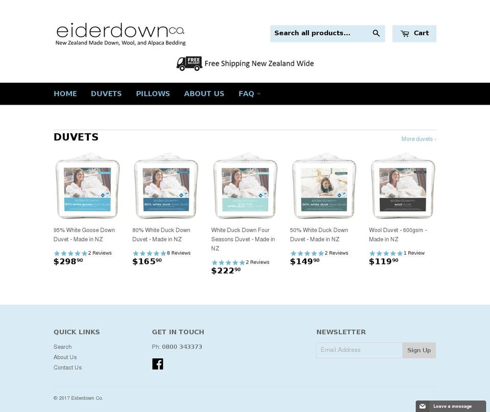 eiderdown.co.nz shopify website screenshot