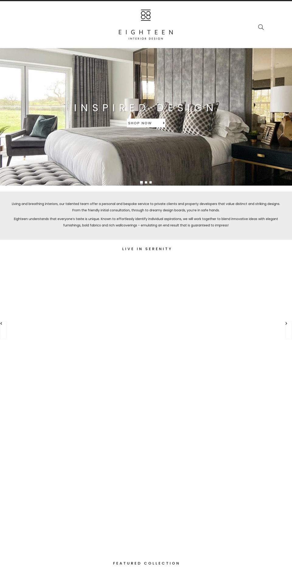 eighteeninteriordesign.com shopify website screenshot