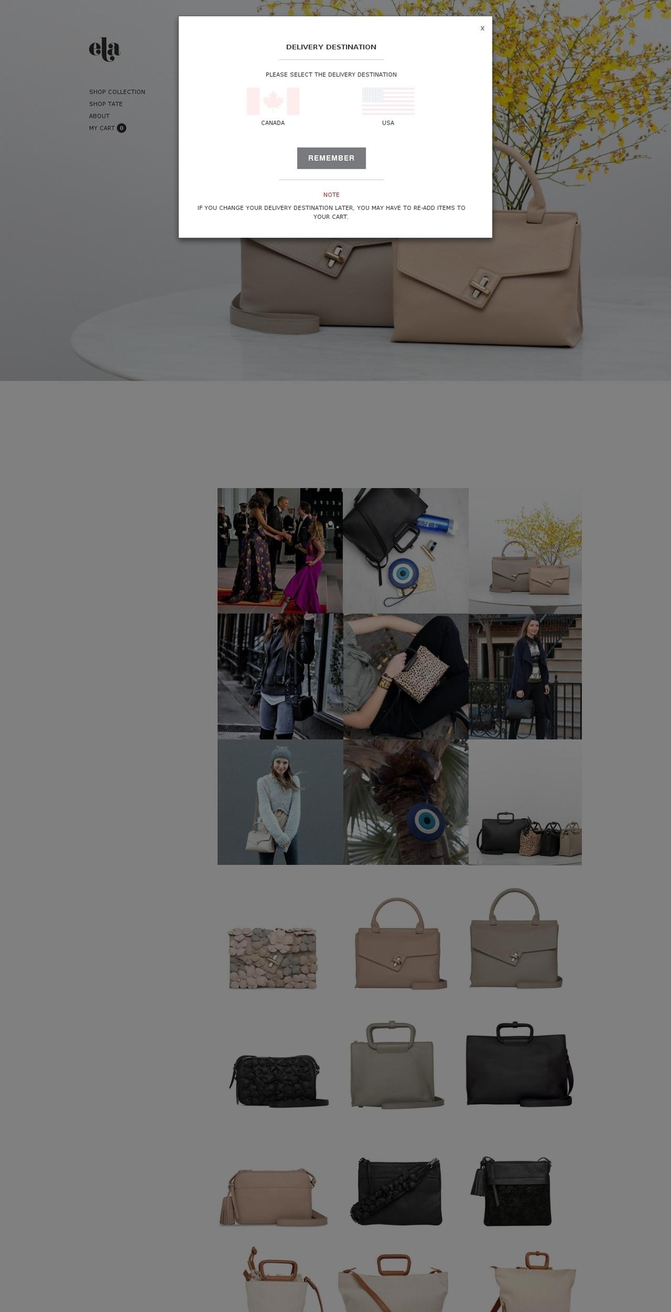 elahandbags.com shopify website screenshot