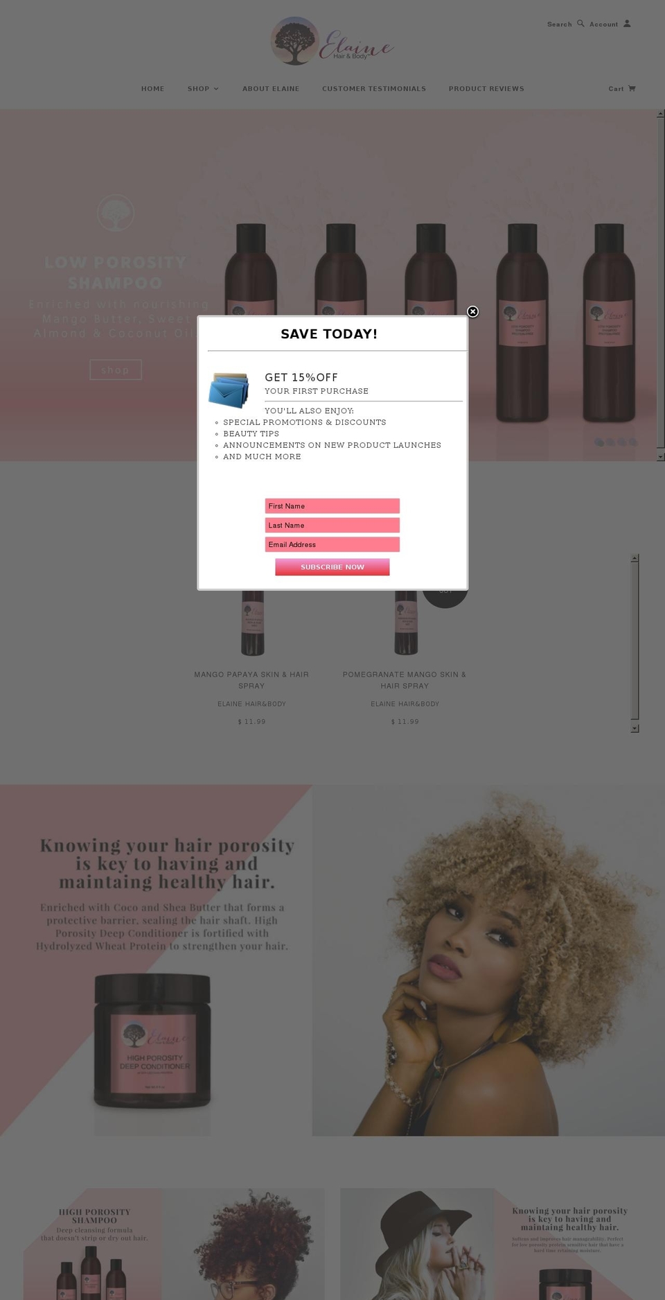 elainehairbody.com shopify website screenshot