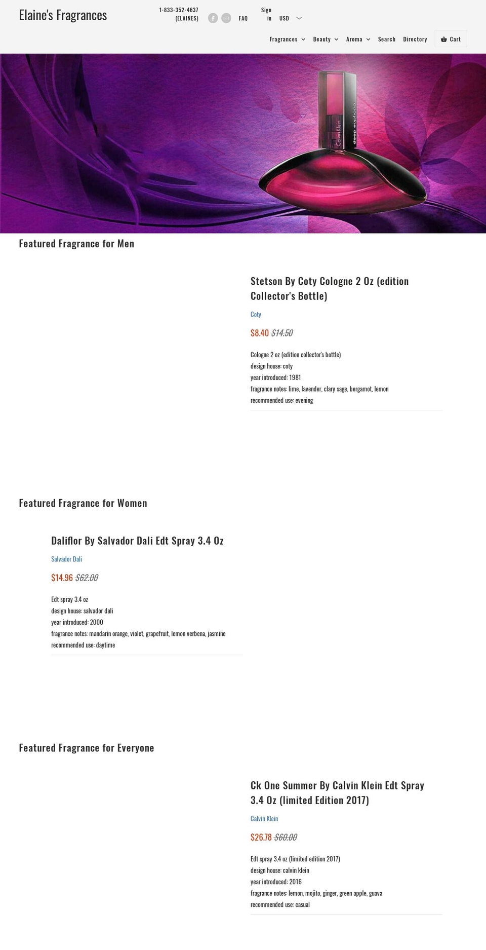 elainesfragrances.com — Shopify storefront screenshot