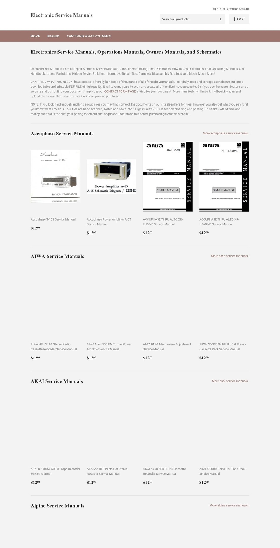 electronicservicemanuals.com shopify website screenshot