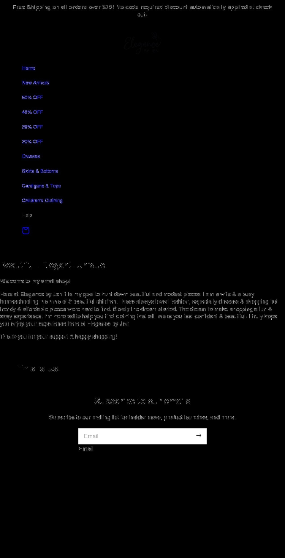 elegancebyjen.com shopify website screenshot