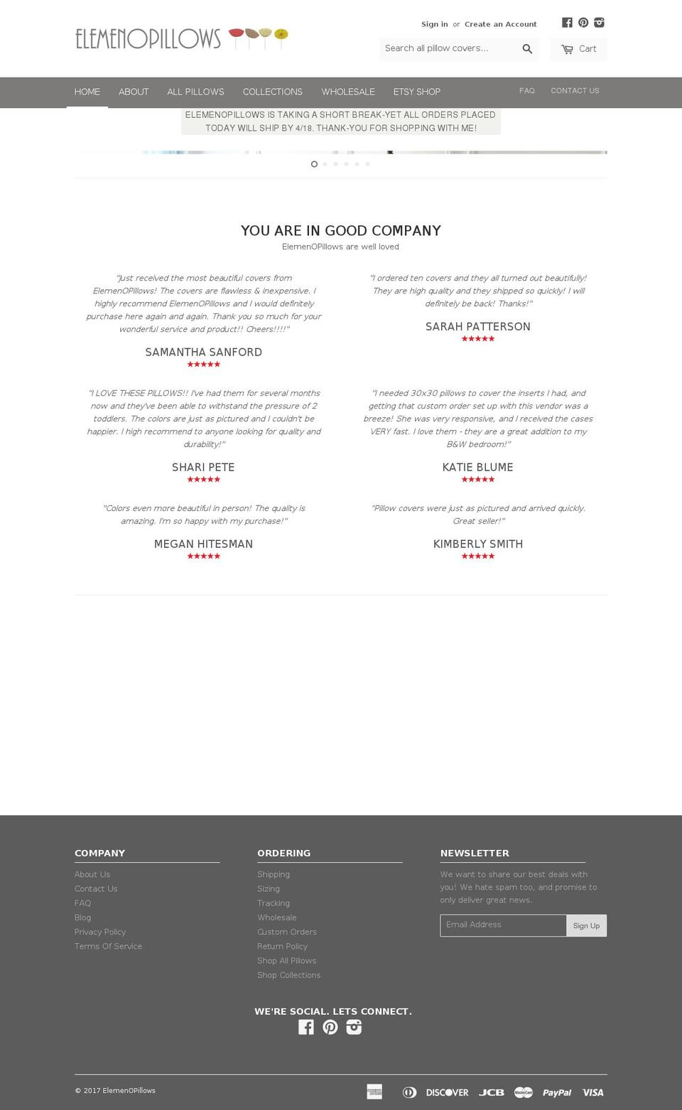 elemenopillows.com shopify website screenshot